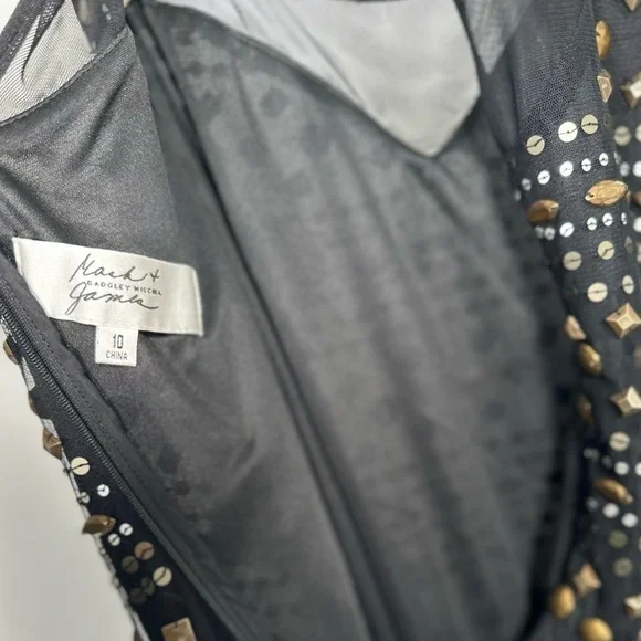 🅽🅴🆆 Badgley Mischka black mesh silver & gold sequin & beads dress, size 10 - Picture 12 of 17